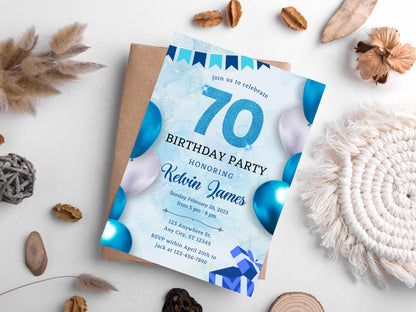 Einladungsvorlage zum 70. Geburtstag mit Blumenmuster, grünen Luftballons (Bearbeitbare Canva-Vorlage)