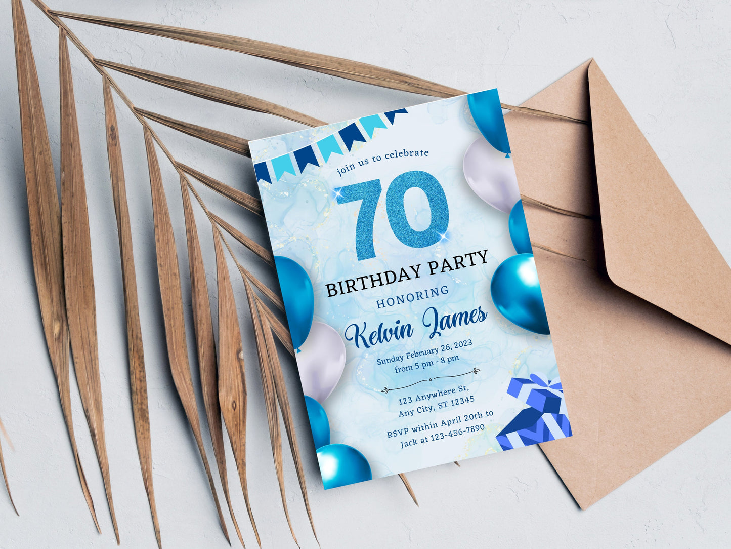 Einladungsvorlage zum 70. Geburtstag mit Blumenmuster, grünen Luftballons (Bearbeitbare Canva-Vorlage)