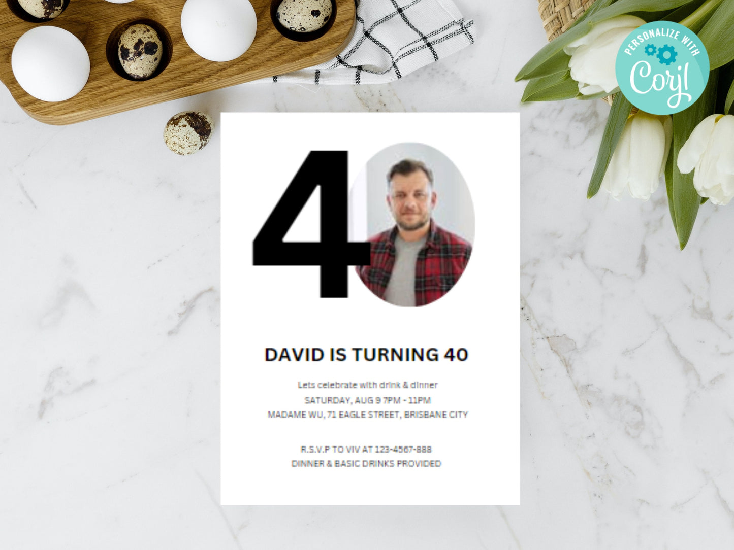Photo 40th Birthday Invitation Template, Simple Black and White (Digital Download)