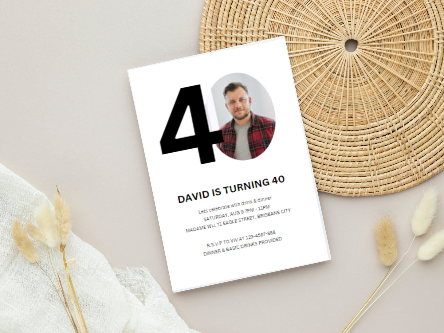 Photo 40th Birthday Invitation Template, Simple Black and White (Digital Download)