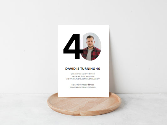 Photo 40th Birthday Invitation Template, Simple Black and White (Digital Download)