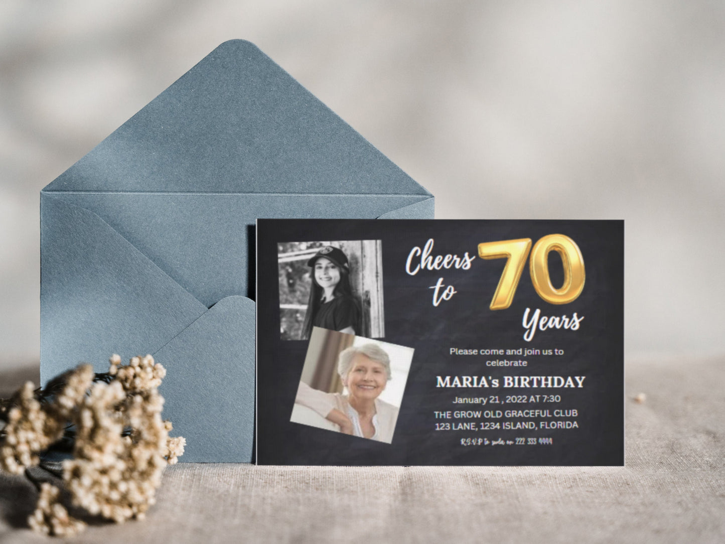 Modèle d'invitation pour un 70e anniversaire, avec photo, modifiable (téléchargement numérique)