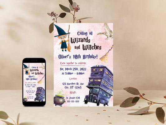 Editable Wizard Birthday Invitation, Magic School Party (Digital Download)
