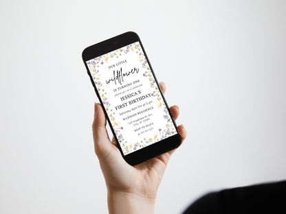 Einladungsvorlage zum 1. Geburtstag mit Wildblumenmotiv, Blumengarten (Sofort-Download)