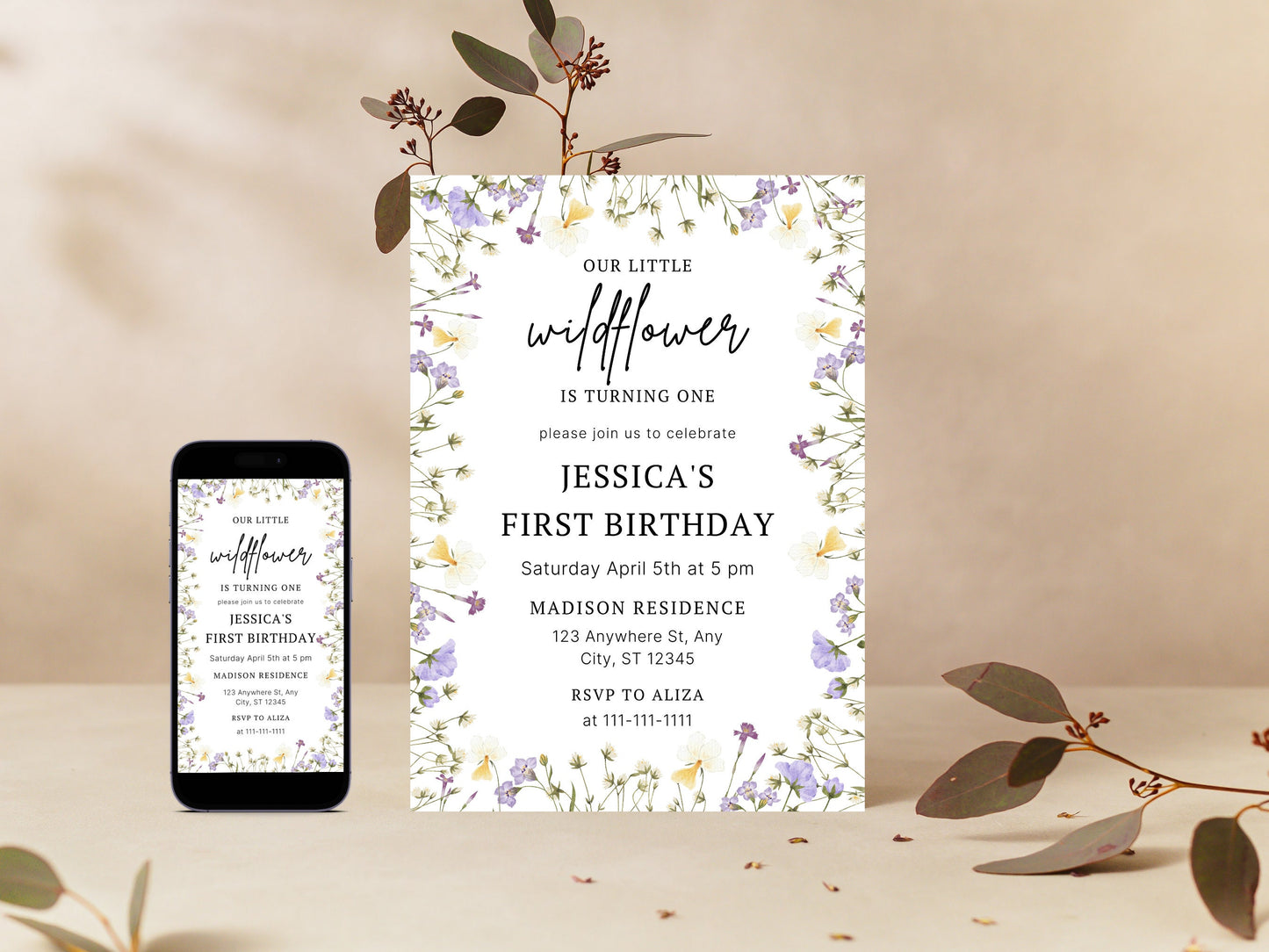 Einladungsvorlage zum 1. Geburtstag mit Wildblumenmotiv, Blumengarten (Sofort-Download)