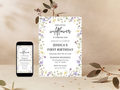 Einladungsvorlage zum 1. Geburtstag mit Wildblumenmotiv, Blumengarten (Sofort-Download)