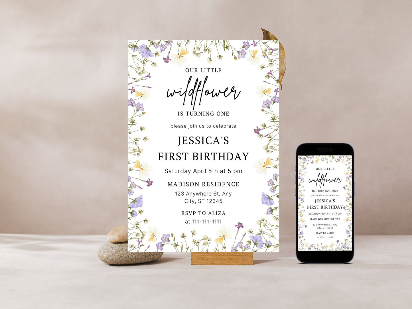 Einladungsvorlage zum 1. Geburtstag mit Wildblumenmotiv, Blumengarten (Sofort-Download)
