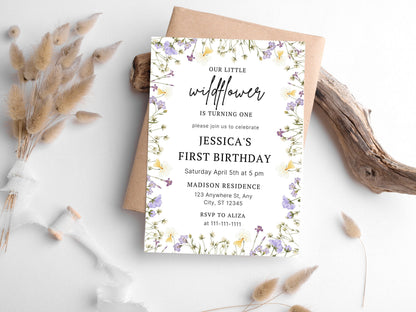 Einladungsvorlage zum 1. Geburtstag mit Wildblumenmotiv, Blumengarten (Sofort-Download)
