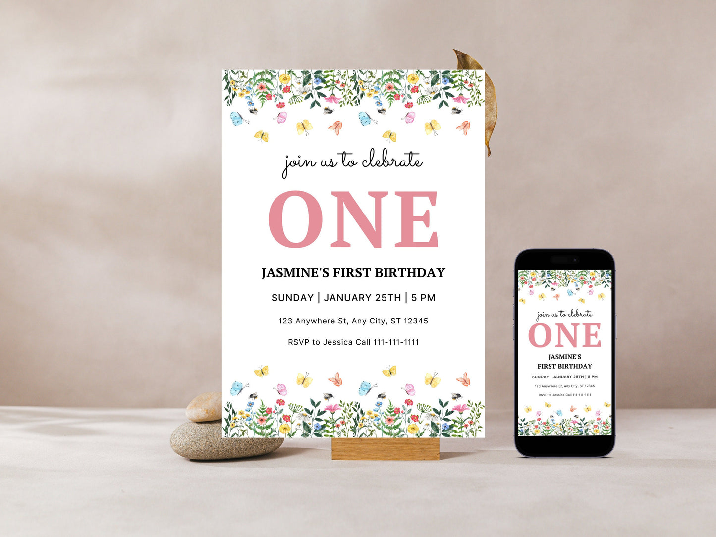 Wildflower First Birthday Invitation Template, Floral Garden (Instant Download)