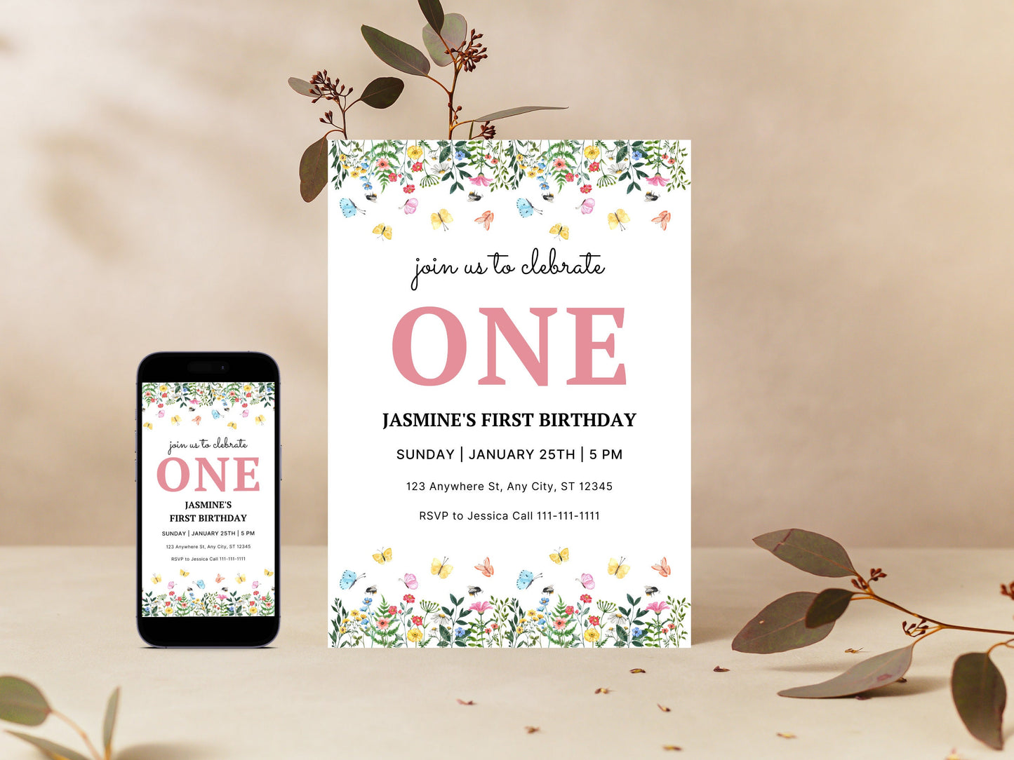 Wildflower First Birthday Invitation Template, Floral Garden (Instant Download)