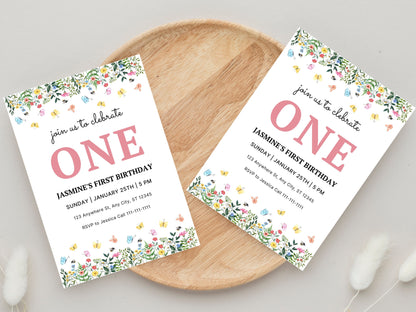 Wildflower First Birthday Invitation Template, Floral Garden (Instant Download)