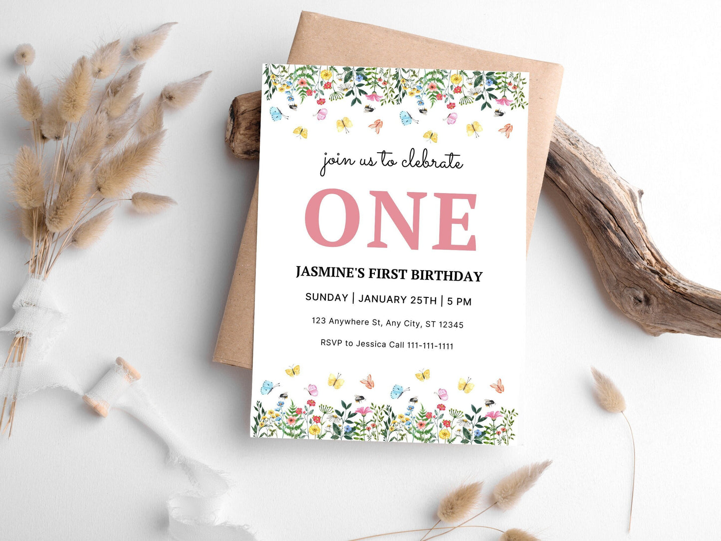 Wildflower First Birthday Invitation Template, Floral Garden (Instant Download)
