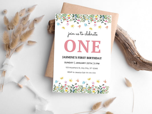 Wildflower First Birthday Invitation Template, Floral Garden (Instant Download)