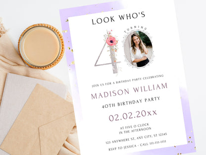 Modèle d'invitation photo pour le 40e anniversaire d'une femme (Canva modifiable)