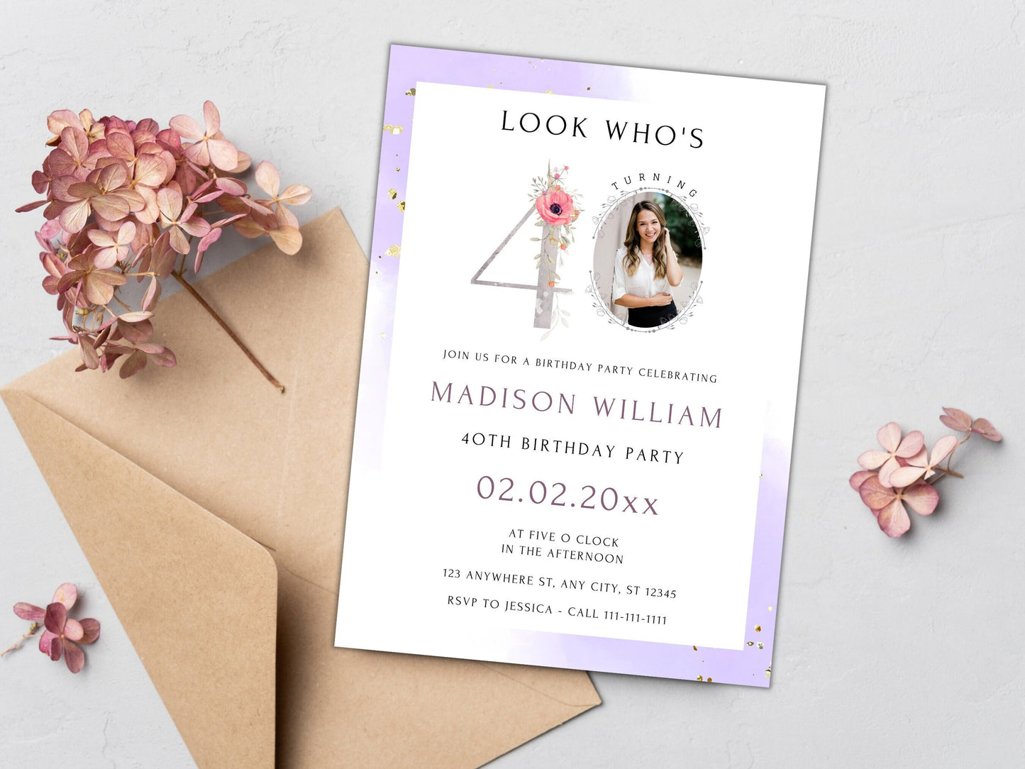 Modèle d'invitation photo pour le 40e anniversaire d'une femme (Canva modifiable)