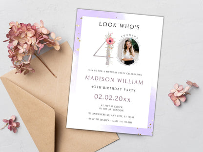 Modèle d'invitation photo pour le 40e anniversaire d'une femme (Canva modifiable)
