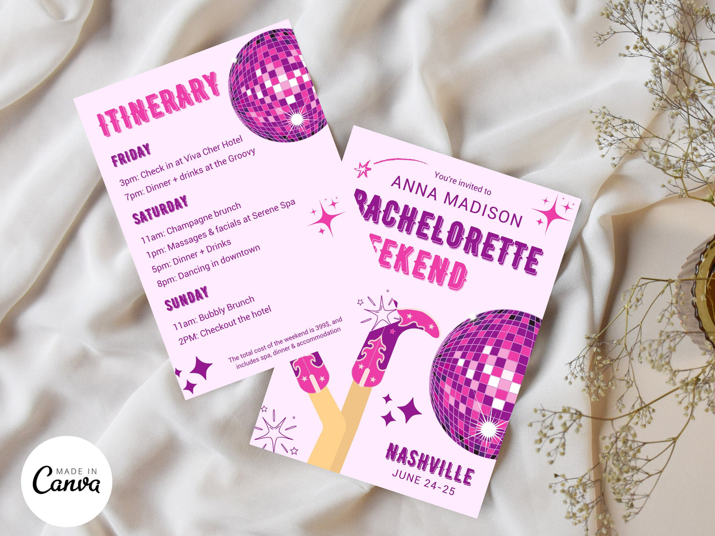 Disco Cowgirl Bachelorette Weekend Itinerary Template (Printable PDF)