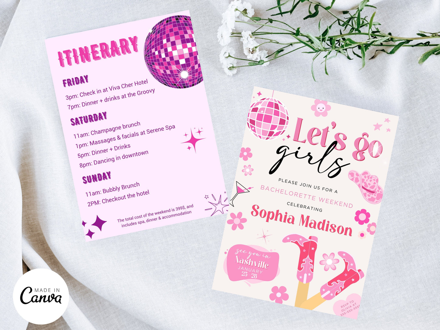 Disco Cowgirl Bachelorette Weekend Itinerary Template (Printable PDF)