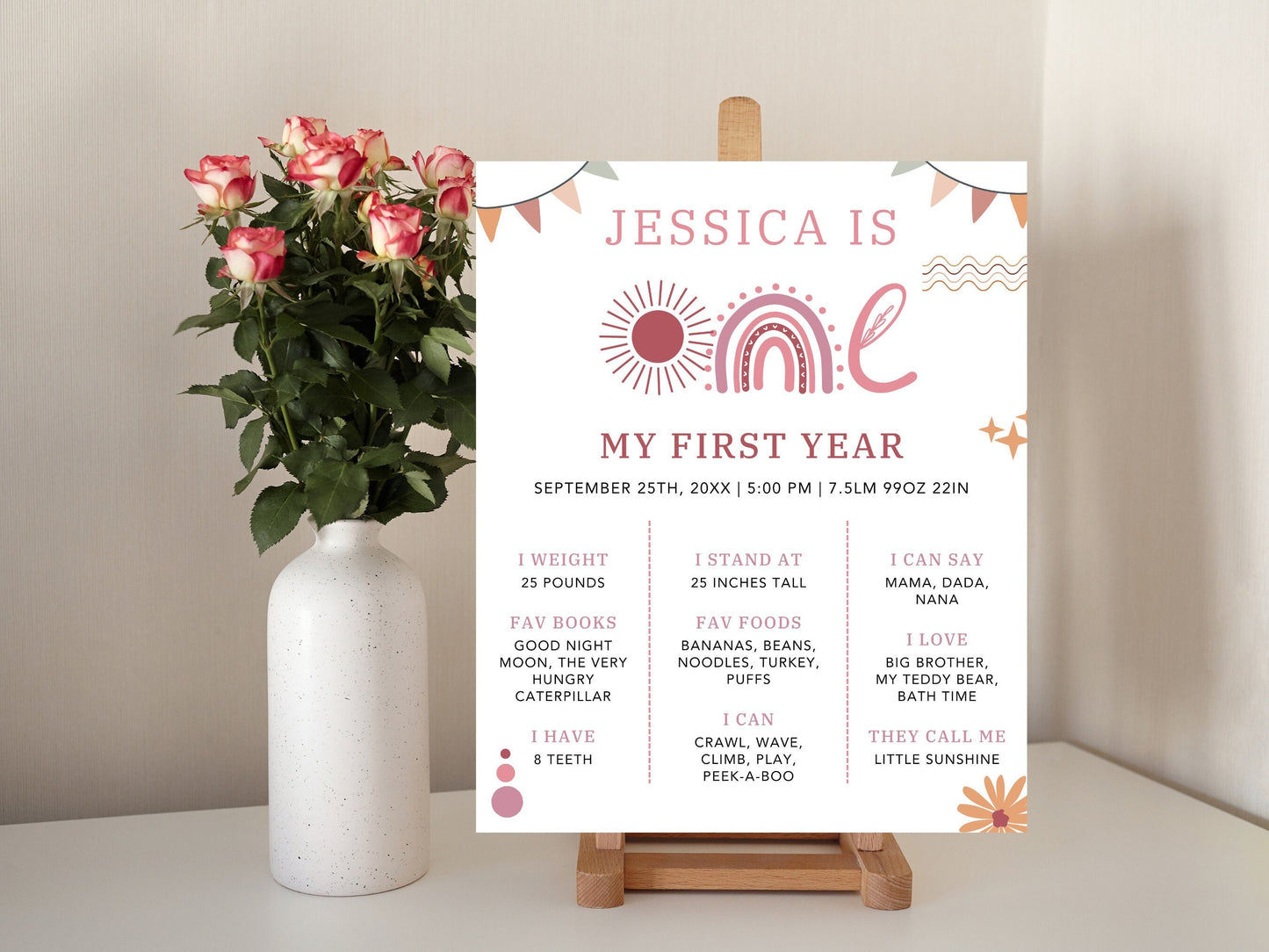 Editable First Birthday Milestone Board Template, Printable Sign (Digital Download)
