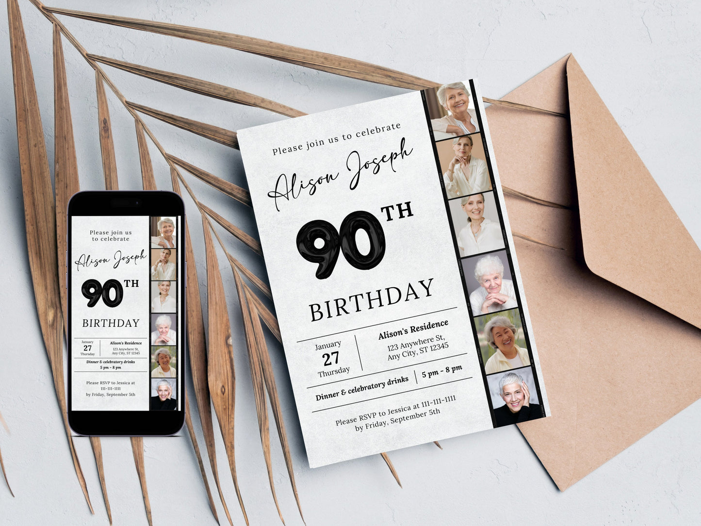Modèle d'invitation pour un 90e anniversaire avec photo (téléchargement numérique)