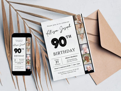Modèle d'invitation pour un 90e anniversaire avec photo (téléchargement numérique)