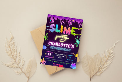 Slime Birthday Party Invitation, Editable Canva Template
