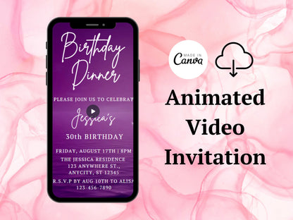 Purple Sea Birthday Video Invitation, Editable Canva Template (Digital Download)