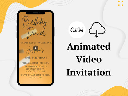 Yellow Glitter Birthday Video Invitation, Editable Canva Template (Digital Download)