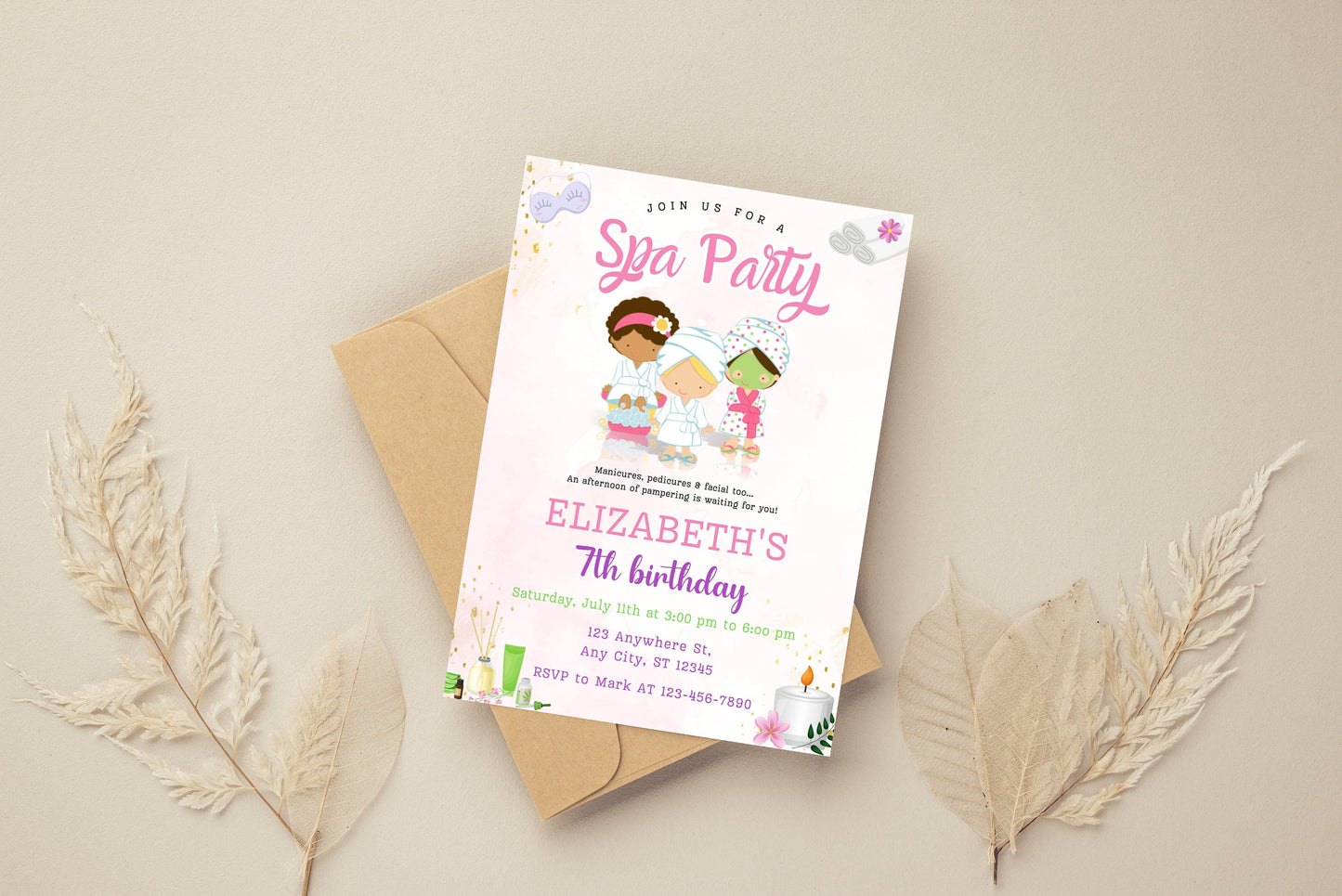 Spa Party Birthday Invitation Template, Editable Thank You Tag (Instant Download)