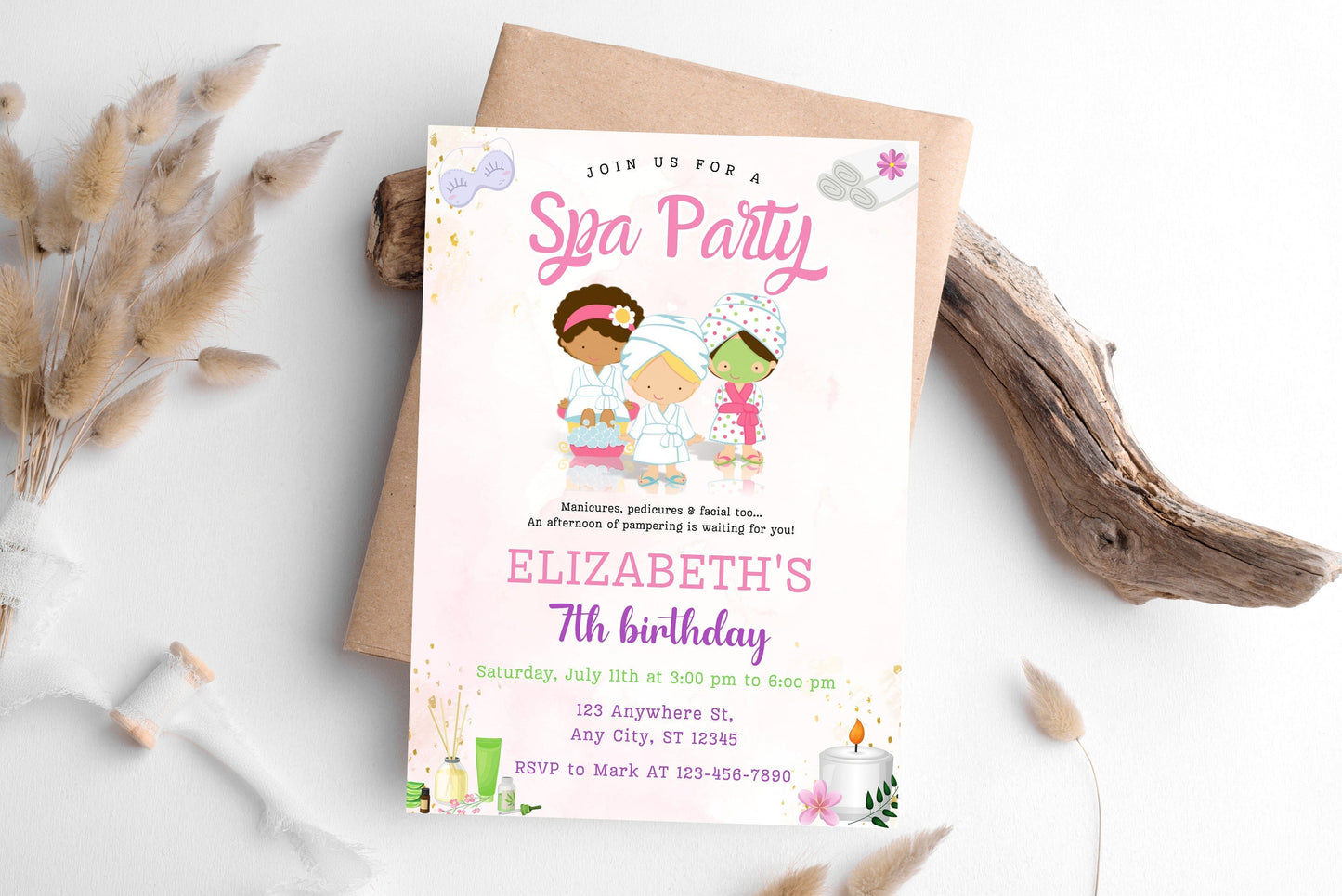 Spa Party Birthday Invitation Template, Editable Thank You Tag (Instant Download)