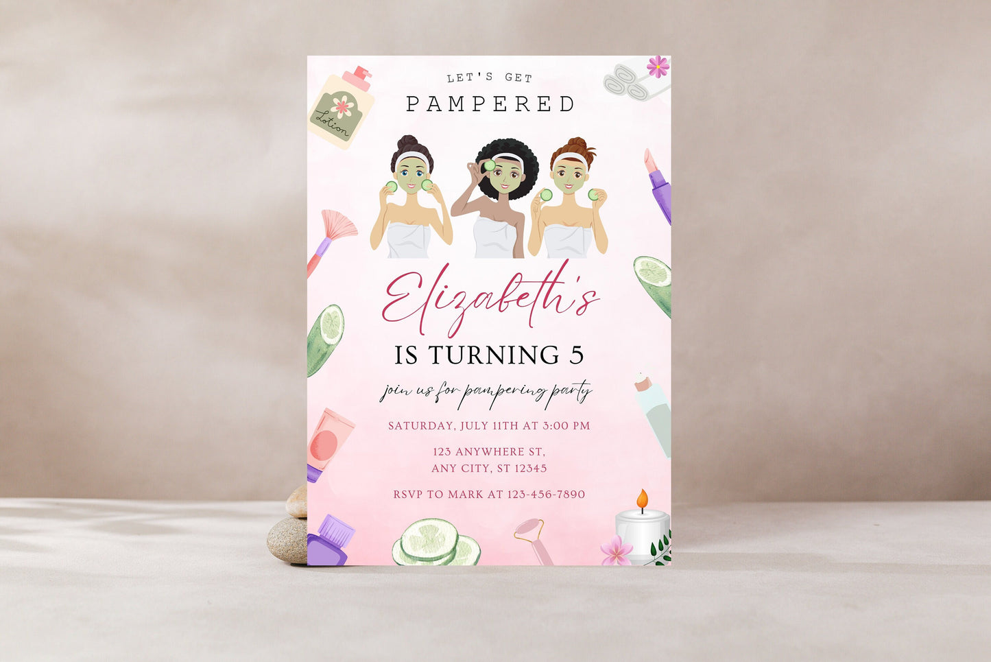 Spa Party Birthday Invitation Template, Customizable Canva Design (Instant Download)