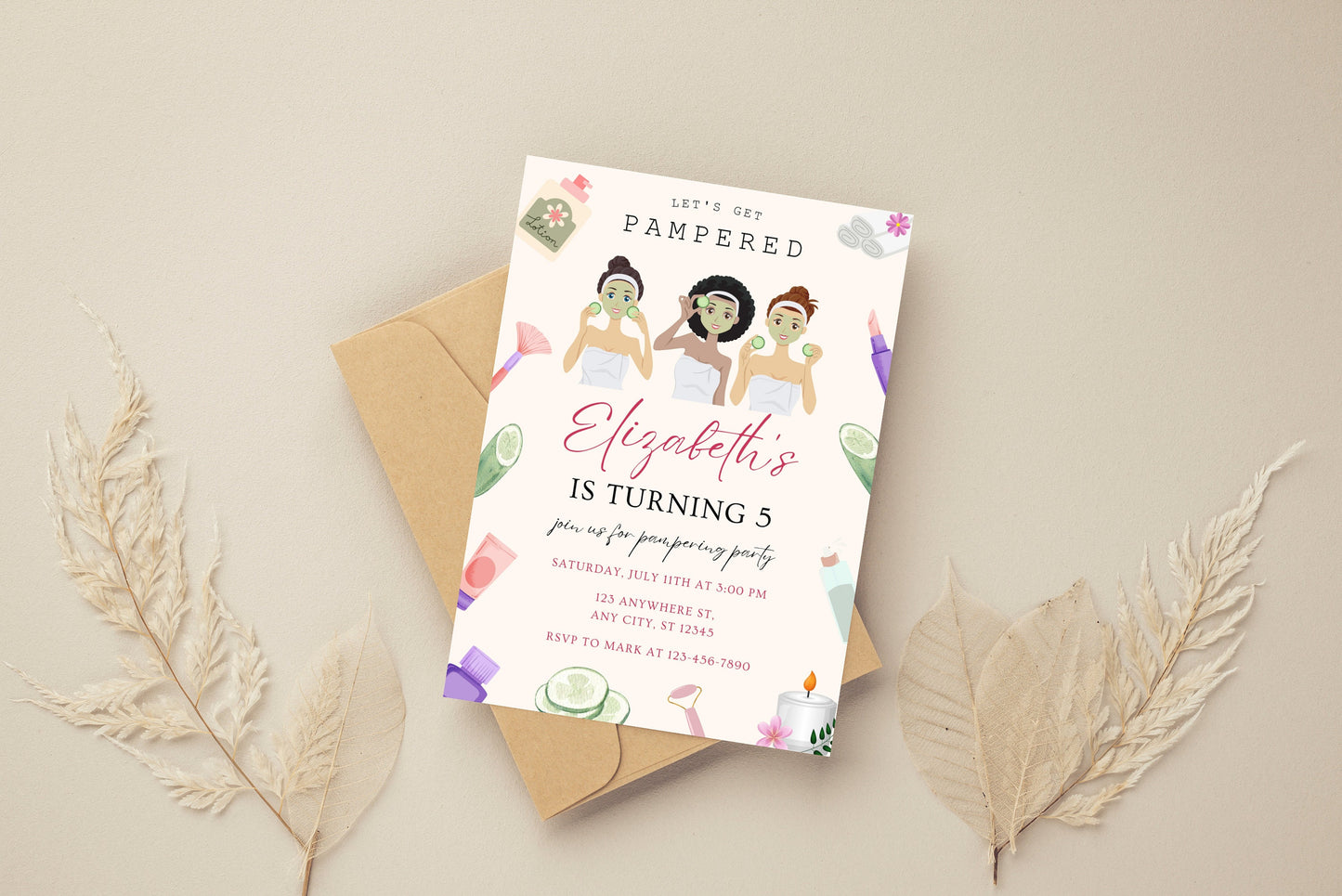 Spa Birthday Invitation Template, Pamper Party, Thank You Tag (Instant Download)