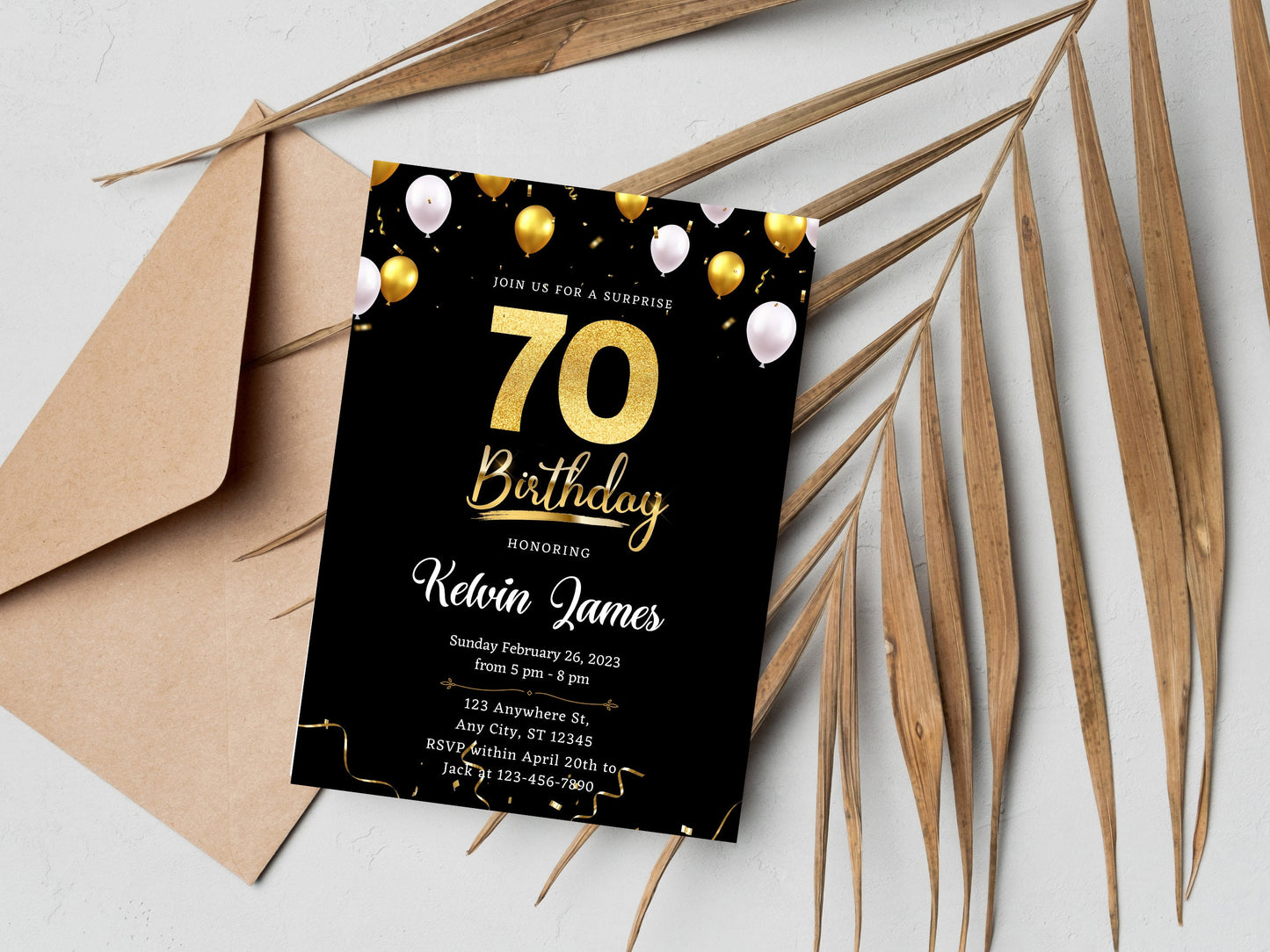 Black and Gold 70th Birthday Invitation Template (Editable Canva Template)