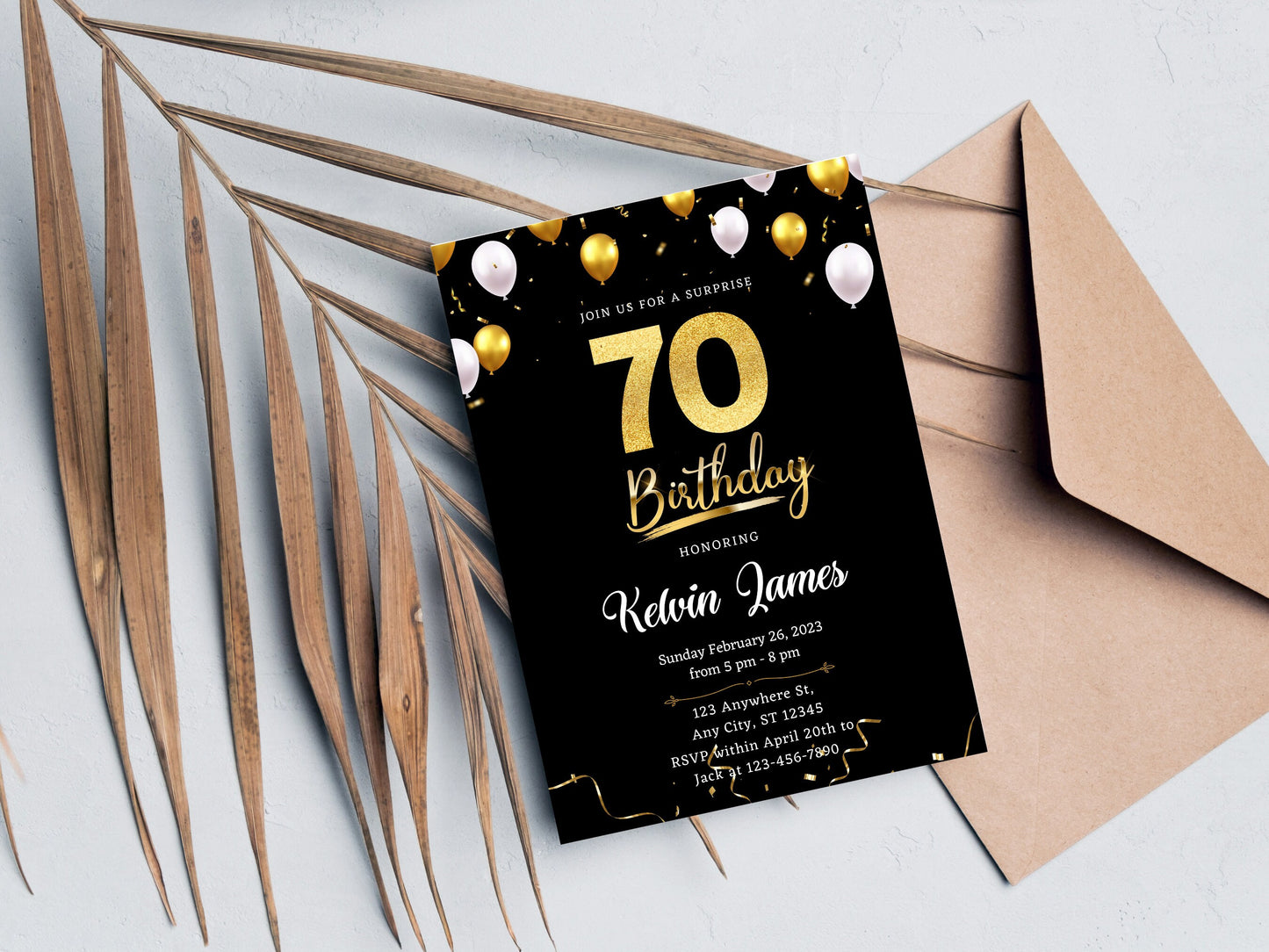 Black and Gold 70th Birthday Invitation Template (Editable Canva Template)