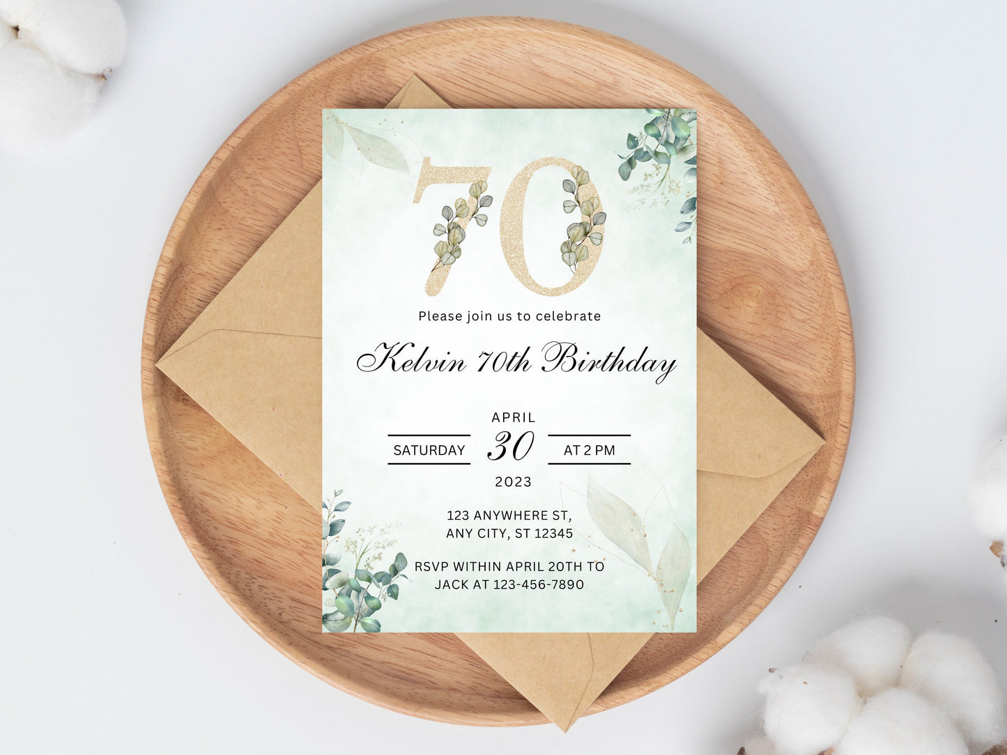 Floral 70th Birthday Invitation Template, Greenery Invite (Editable Canva Template)