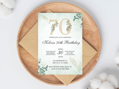 Floral 70th Birthday Invitation Template, Greenery Invite (Editable Canva Template)