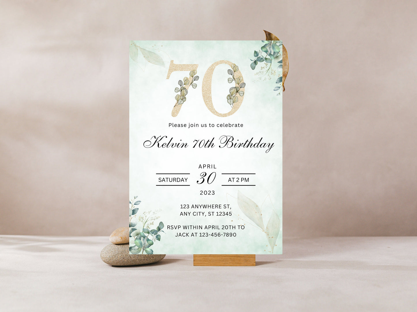 Floral 70th Birthday Invitation Template, Greenery Invite (Editable Canva Template)