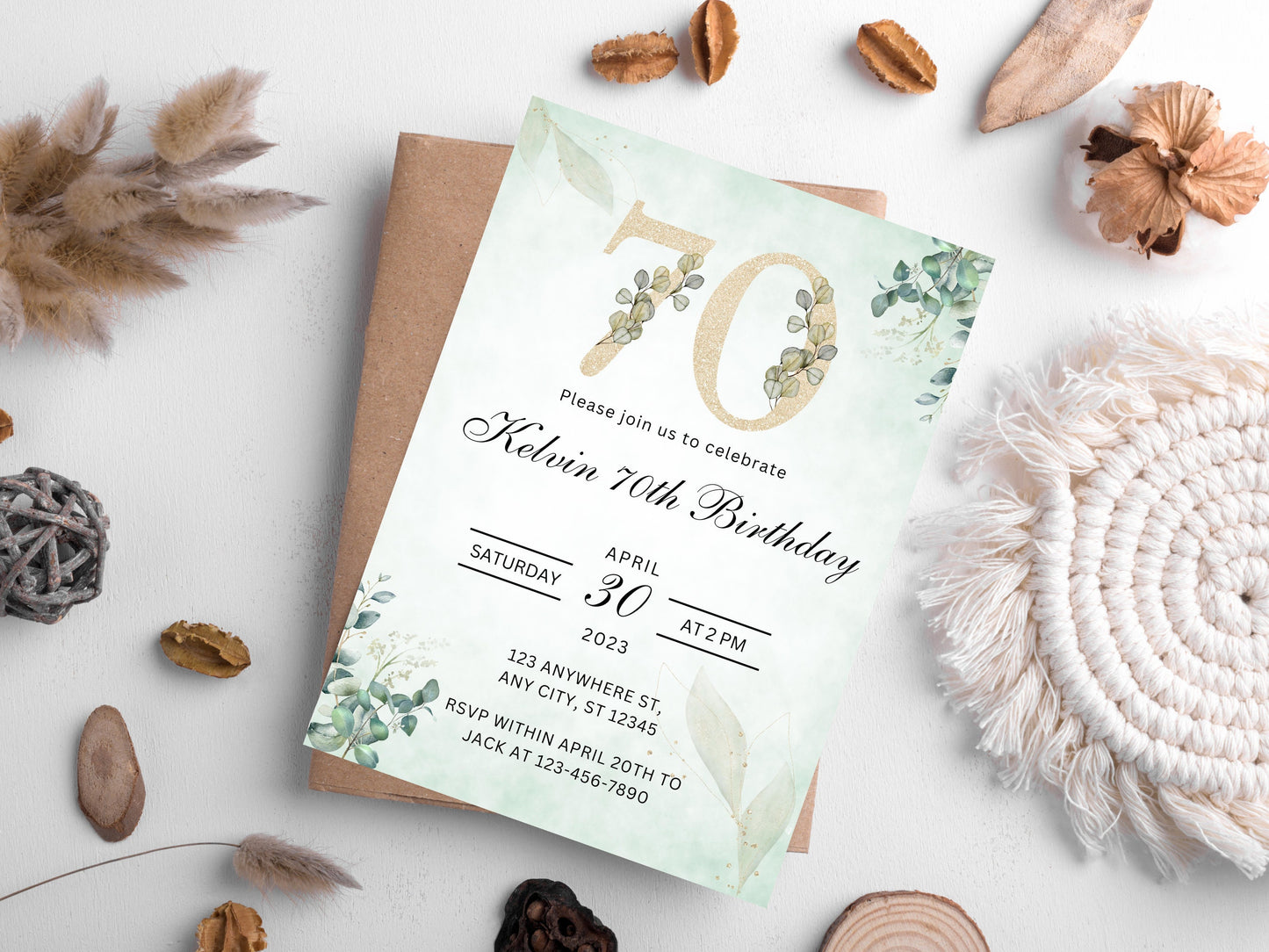 Floral 70th Birthday Invitation Template, Greenery Invite (Editable Canva Template)