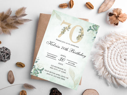 Floral 70th Birthday Invitation Template, Greenery Invite (Editable Canva Template)