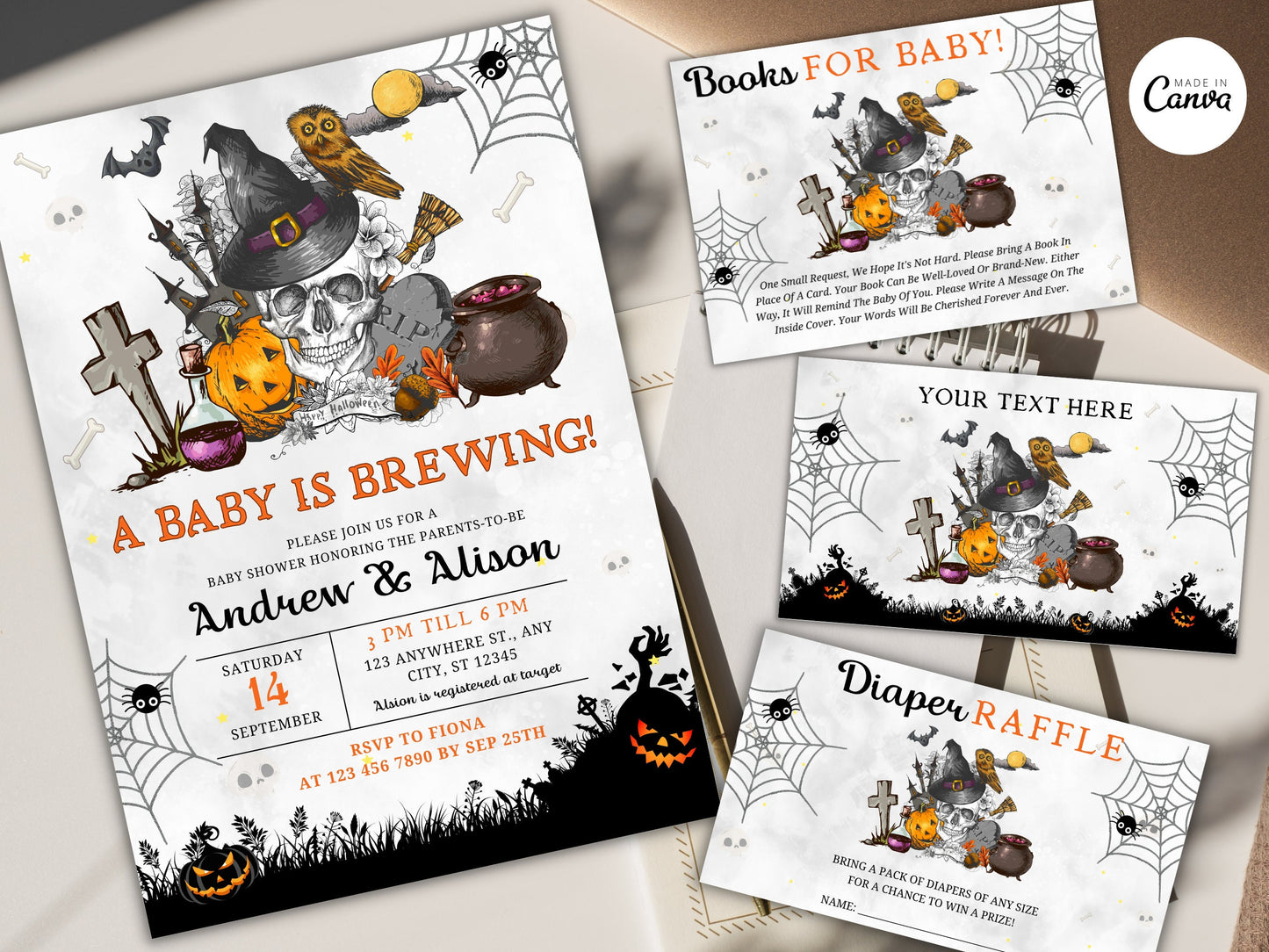 Halloween Baby Shower Invitation Bundle, Gender Neutral, Editable (Digital Download)