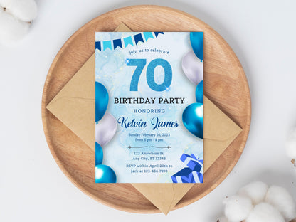 Einladungsvorlage zum 70. Geburtstag mit Blumenmuster, grünen Luftballons (Bearbeitbare Canva-Vorlage)
