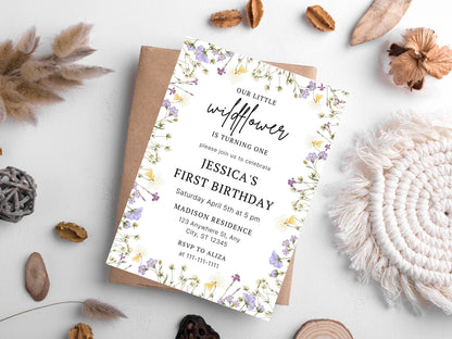 Einladungsvorlage zum 1. Geburtstag mit Wildblumenmotiv, Blumengarten (Sofort-Download)