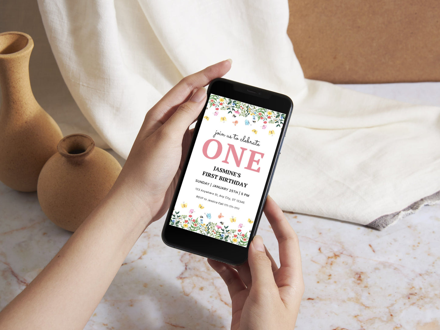 Wildflower First Birthday Invitation Template, Floral Garden (Instant Download)