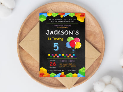 Building Blocks Birthday Invitation, Editable Kids Party Template (Digital Download)