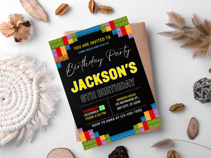 Building Blocks Birthday Invitation, Editable Kids Party Invite (Canva Template, Instant Download)