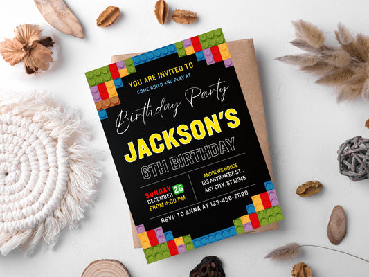 Building Blocks Birthday Invitation, Editable Kids Party Invite (Canva Template, Instant Download)