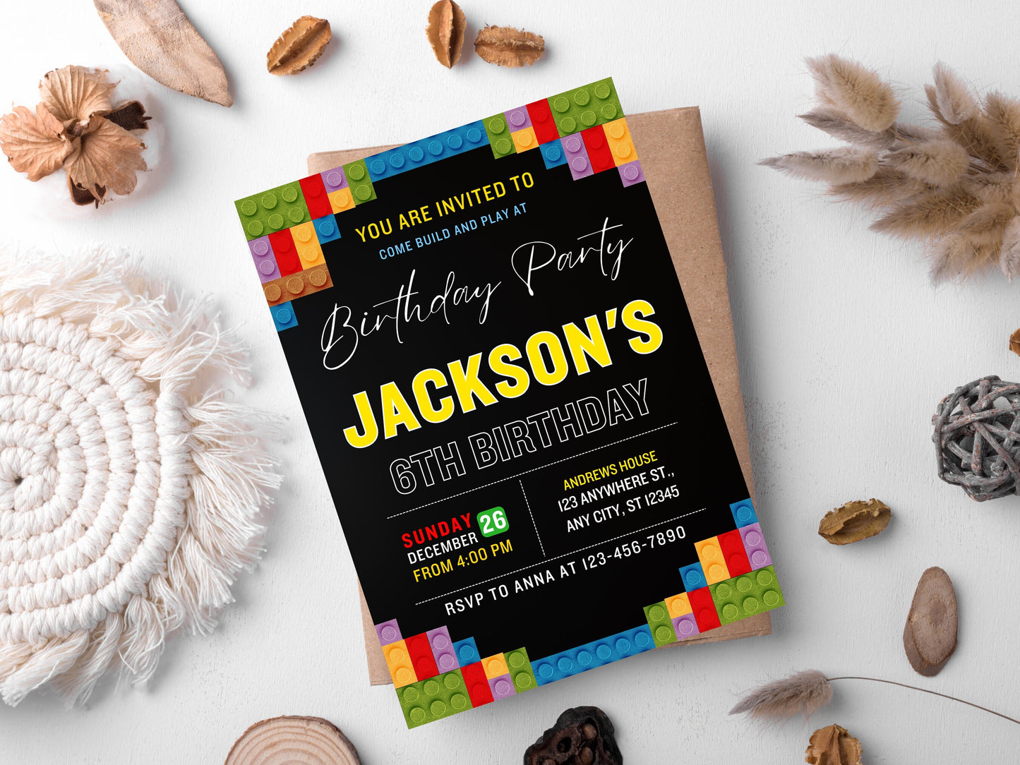 Building Blocks Birthday Invitation, Editable Kids Party Invite (Canva Template, Instant Download)
