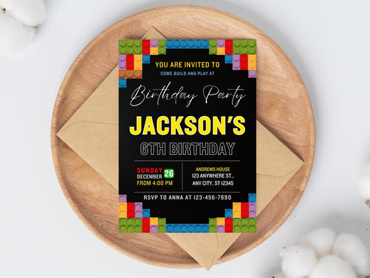 Building Blocks Birthday Invitation, Editable Kids Party Invite (Canva Template, Instant Download)