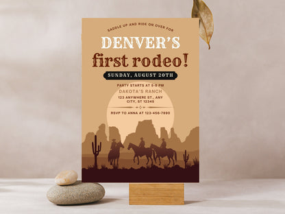 Invitation d'anniversaire sur le thème du rodéo pour un premier anniversaire de cowboy, Far West (Modèle Canva modifiable)