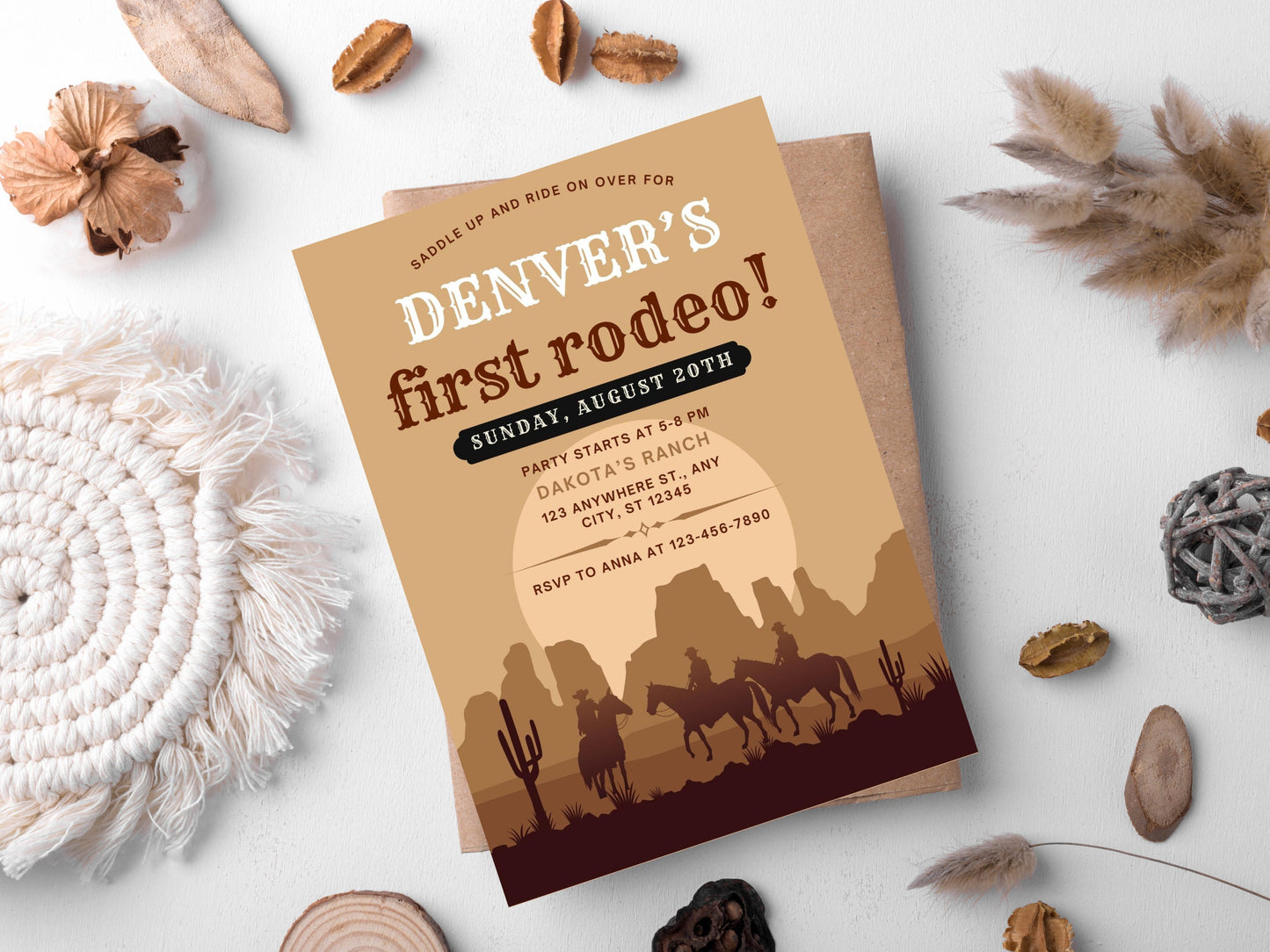 Invitation d'anniversaire sur le thème du rodéo pour un premier anniversaire de cowboy, Far West (Modèle Canva modifiable)